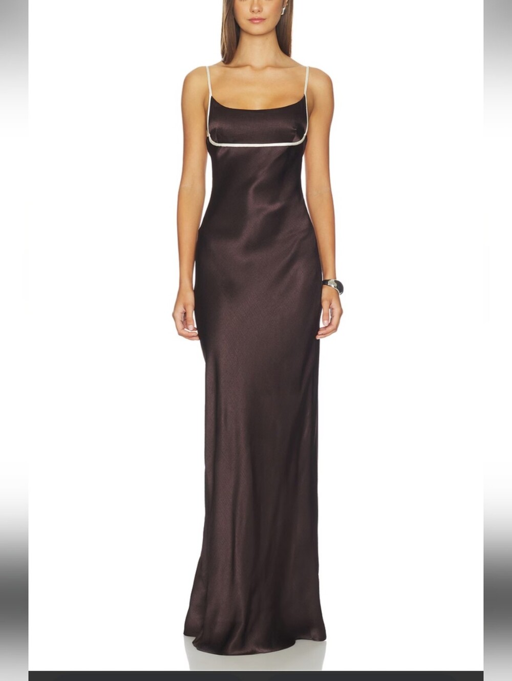 bec + bridge Chocolate Brown Satin Slip maxi Dress w/ Cream Trim size 8 NWTS